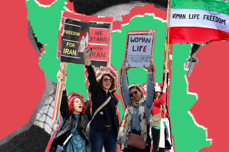 Collage: Marta Hormaechea. Imágenes de la colección 'Iran Protests' de Taymaz Valley, bajo licencia CC BY 2.0.